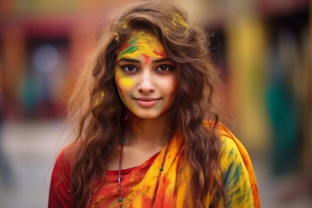 Счастливая красивая индийская девушка с легкой улыбкой на лице празднует Холи