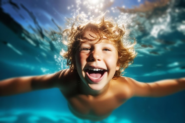 A happy beautiful kid having fun underwater pool Generative ai