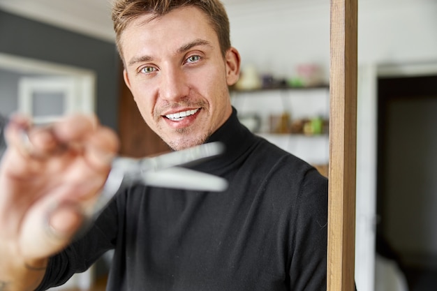 Happy beautiful light hair caucasian woman at beauty salon