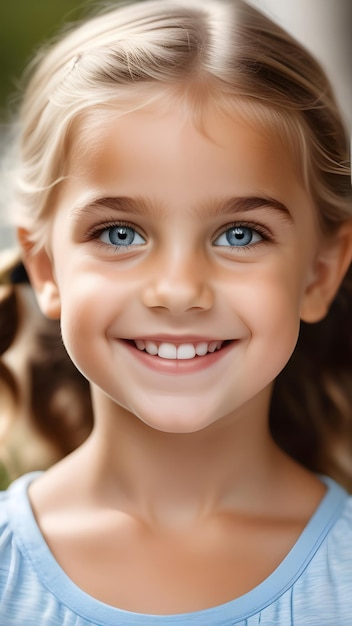 행복한 아름다운 작은 소녀는 미소 짓고 학교에 가서 공부 할 준비가되어 있습니다 아이의 수직 초상화