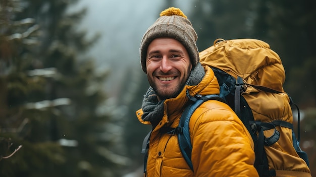 happy beautiful man goes hiking in the mountain