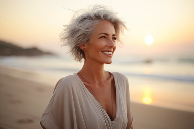 Happy beautiful mature senior woman smile and enjoy nature and beach in outdoor leisure activity alone Wellbeing and feeling mindful lifestyle female people with long whit4 hair looking away holiday