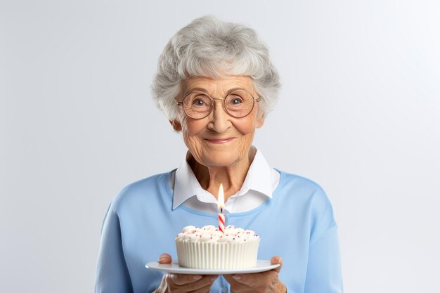 깨끗한 흰색 배경에 고립된 촛불로 생일 케이크를 들고 있는 행복한 아름다운 노부인