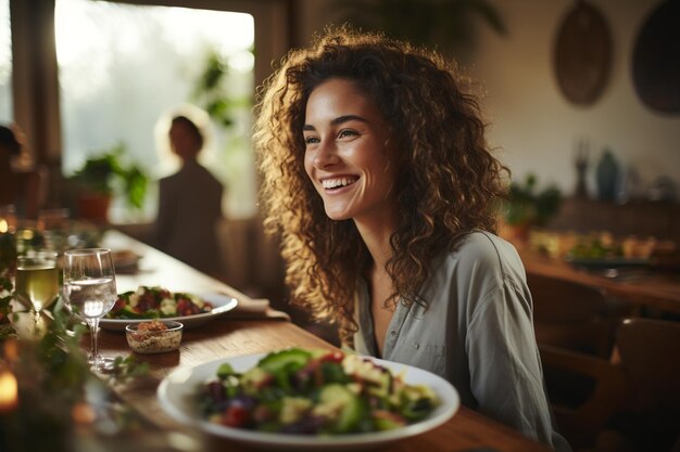 Photo happy beautiful smiling woman girl lady eat healthy food fruit vegetable seeds superfood cereal leaf vegetable detox and clean diet concept high in vitamins minerals and antioxidants