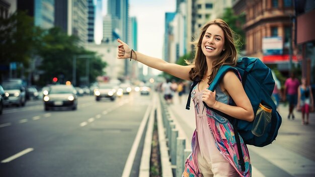 Happy beautiful traveler hitch hiking on city road