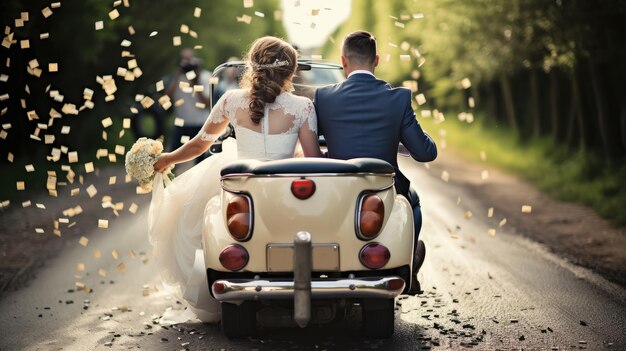 写真 田舎の道路で結婚したばかりの車で幸せな美しい結婚カップル