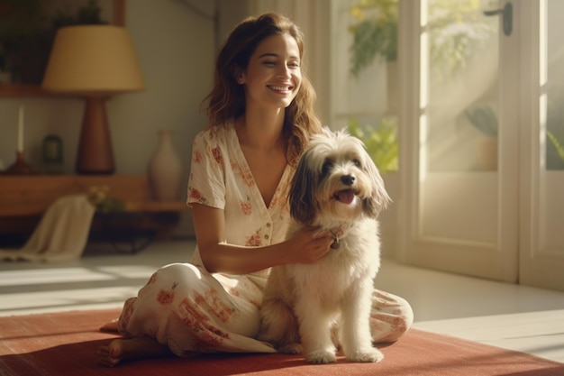 Photo happy beautiful woman with cute dog sitting on floor living room interior