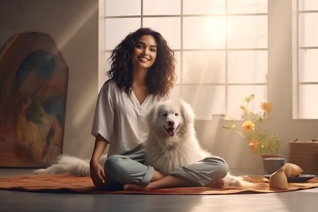 Photo happy beautiful woman with cute dog sitting on floor living room interior