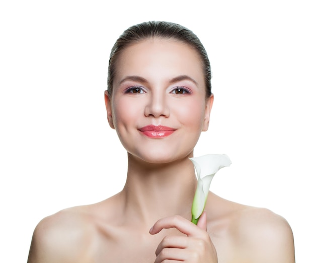 Happy beautiful woman with flower isolated on white background Facial treatment cosmetology beauty skincare and spa concept