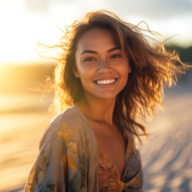 幸せな美しい若い女性がビーチで微笑んでいます