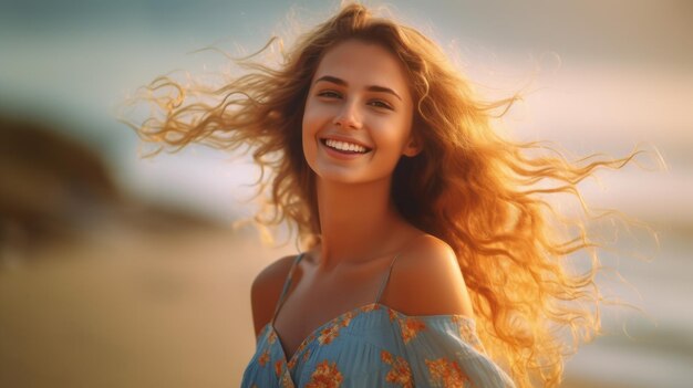 Happy Beautiful young woman is smiilng on the beach