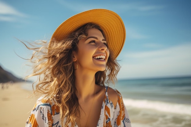 Happy beautiful young woman smiling at the beach side Delightful girl enjoying sunny day out