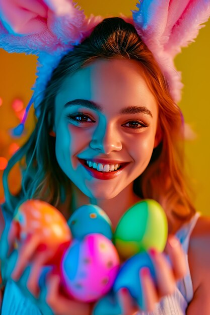 Happy beautiful young woman smiling wearing rabbit ears holding colorful Easter eggs