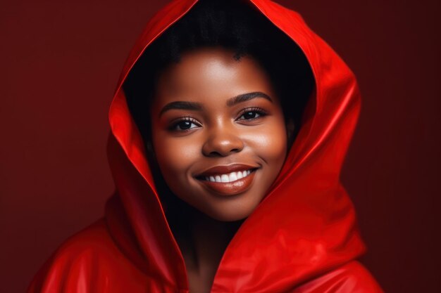 Happy beauty portrait of young african american woman posing against red background