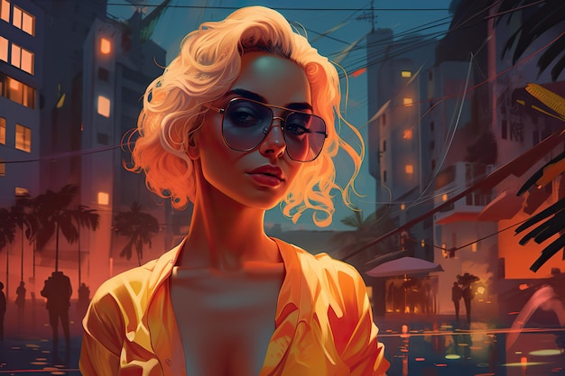 Happy beauty woman at hot summer rooftop party unbuttoned top colorful sunglasses Neon lighting Palm trees city landscape background
