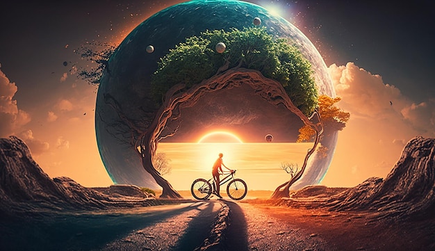Счастливый день велосипеда кинематографическая сцена день земли всемирный день окружающей среды фон фото иллюстрация