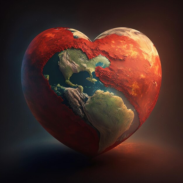 행성 앞에서 맥동하는 행복한 큰 붉은 심장.