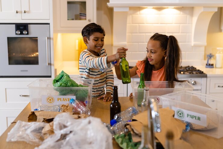 Photo happy biracial brother and sister sorting rubbish for recycling in kitchen. family, lifestyle, recycling, ecology, childhood and domestic life, unaltered.