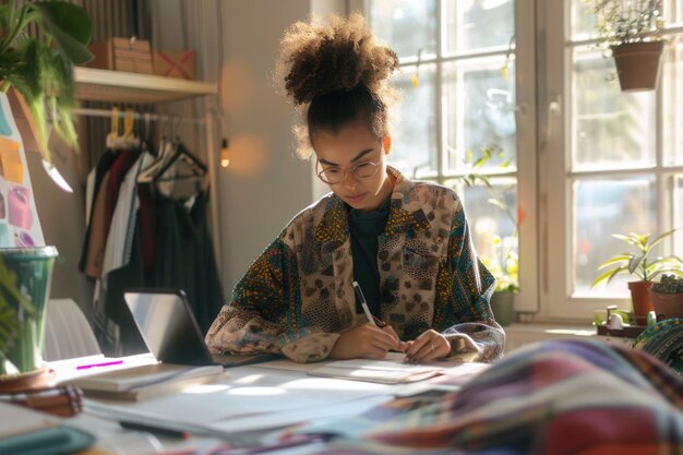 Happy biracial female fashion designer making notes and using smartphone in sunny studio