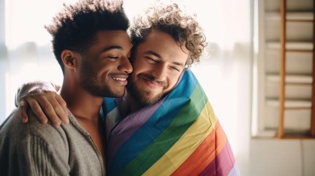 写真 lgbtq の虹の旗を抱きしめて保持している幸せな異人種間の男性カップル コミュニティの多様な人々