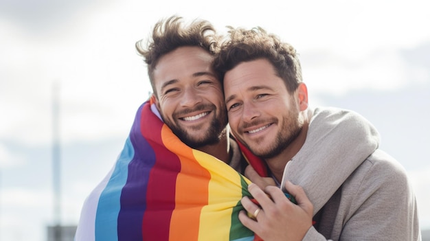 Счастливая двухрасовая мужская пара, обнимающая и держащая вместе радужный флаг ЛГБТК. Разнообразные люди сообщества.