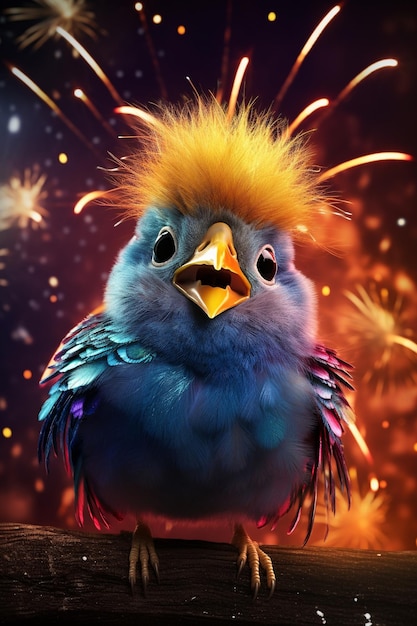 happy bird celebrating new year eve with sparklers and fireworks