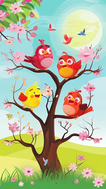 Photo happy birds on the tree in spring