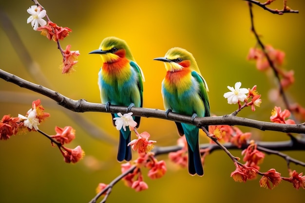 Happy birds on the tree in spring