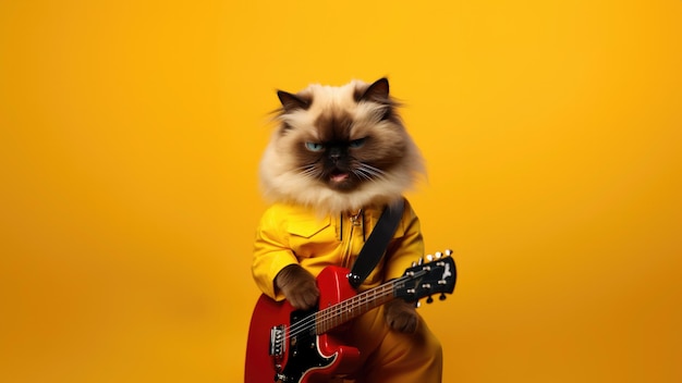 Happy birman cat dressed as a rockstar on dark yellow colour background
