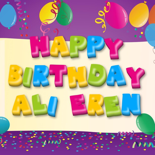 Photo happy birthday ali eren gold confetti cute balloon card photo text effect