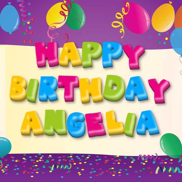 Happy Birthday Angelia Gold Confetti Cute Balloon Card Photo Text Effect