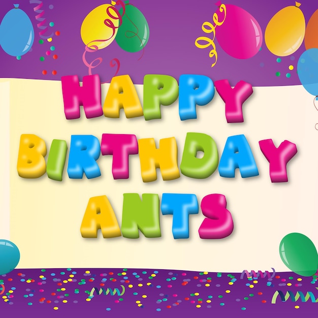 Happy birthday ants gold confetti cute balloon card photo text effect