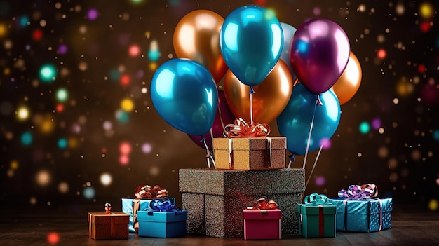 Happy birthday background and gift box and realistic balloons ornament with ribbon Generative AI