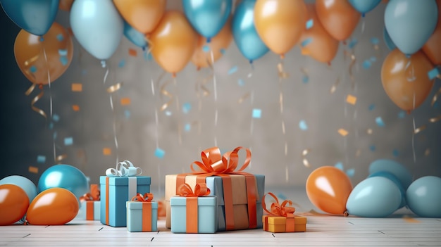 리본 Generative AI가 있는 생일 축하 배경 및 선물 상자와 현실적인 풍선 장식