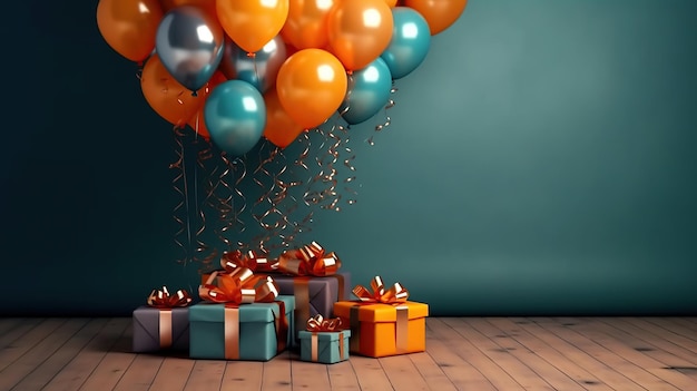 Happy birthday background and gift box and realistic balloons ornament with ribbon Generative AI