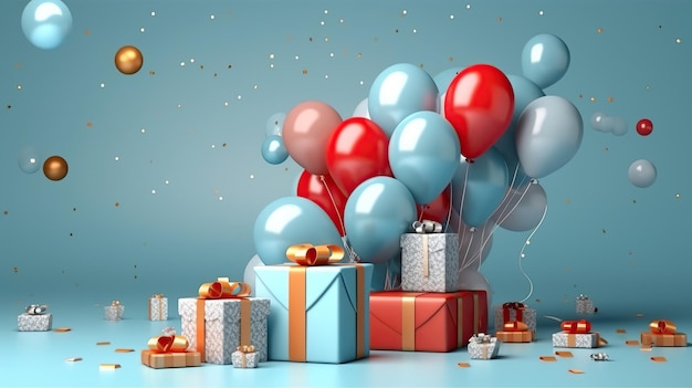 С днем рождения фон, подарочная коробка и реалистичное украшение из воздушных шаров с лентой Генеративный AI