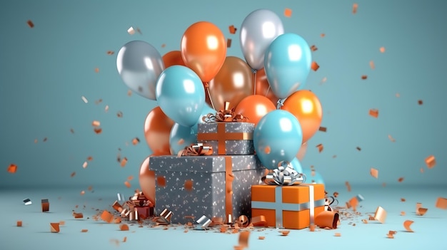 Happy birthday background and gift box and realistic balloons ornament with ribbon Generative AI