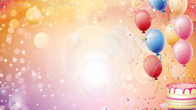 Photo happy birthday background with balloons cake and gifts