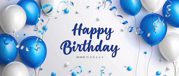 파란색과 색의 풍선과 함께 생일 축하 배너 배경 장식과 문장