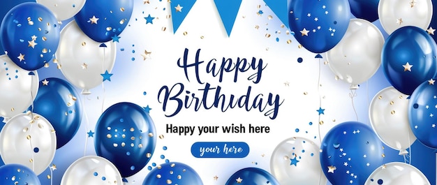 Happy birthday banner background with blue and white balloons garland decoration and text quotHappy Birthdayquot