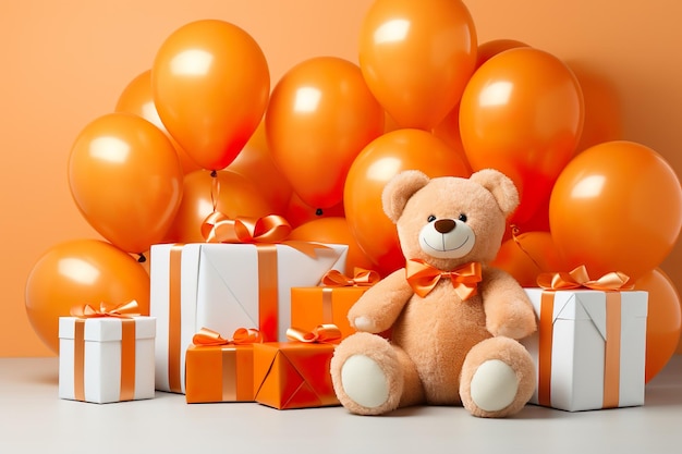 Happy Birthday banner Orange Bears Yellow balloon gift boxes on Orange background