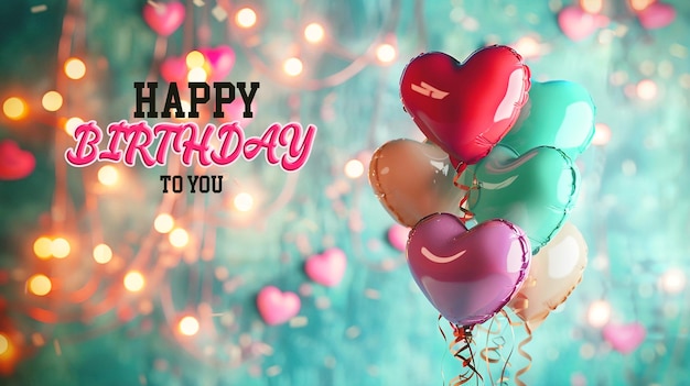 Photo happy birthday banner or poster with delicious cake and balloons background