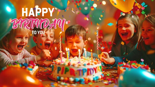 happy birthday banner or poster with delicious cake and balloons background