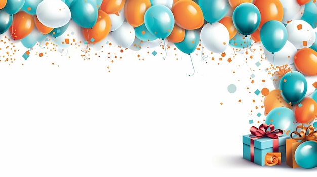 Happy birthday banner template with turquoise white and orange balloons Generative AI