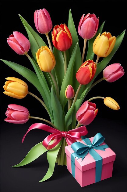 Happy birthday banner with bouquet of tulips and gift box on black background 3d realistic style