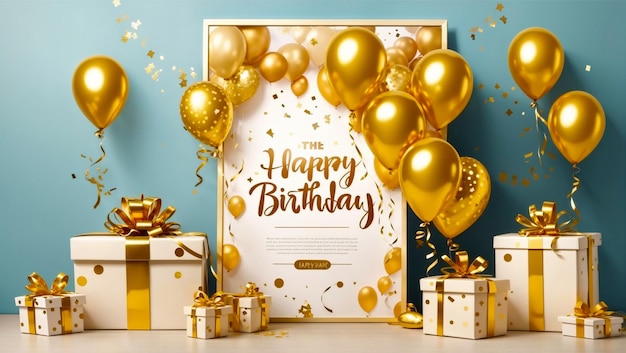 Happy birthday banner with golden balloon gidtbox and blue background