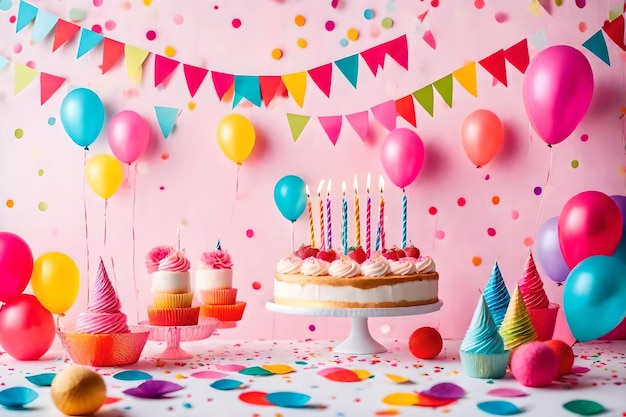写真 お誕生日おめでとうケーキ、風船、キャンドル、紙吹雪