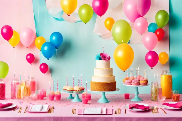 写真 お誕生日おめでとうケーキ、風船、キャンドル、紙吹雪