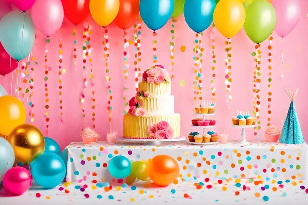 Foto torta di buon compleanno, palloncini, candele e coriandoli