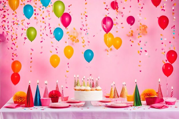 お誕生日おめでとうケーキ、風船、キャンドル、紙吹雪